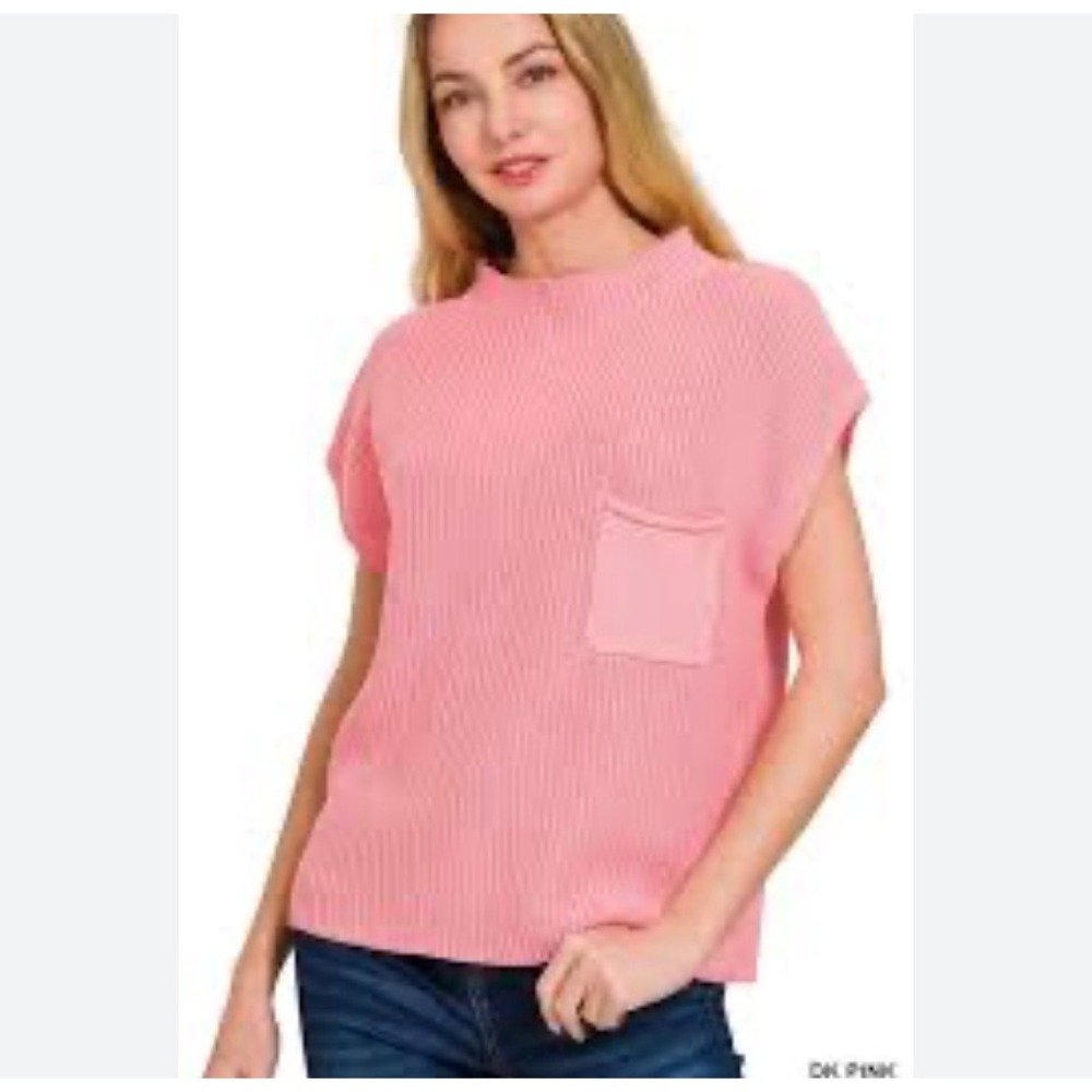 Zenana Ribbed Mock Neck Crop Sweater Women Cap Sleeve Pocket Sz S Pink Boutique